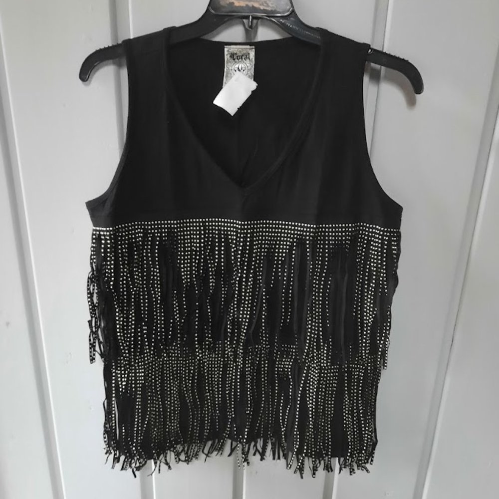 Vocal Women's Black & Gold Studded Fringe Tier Tank NWT Sz XL